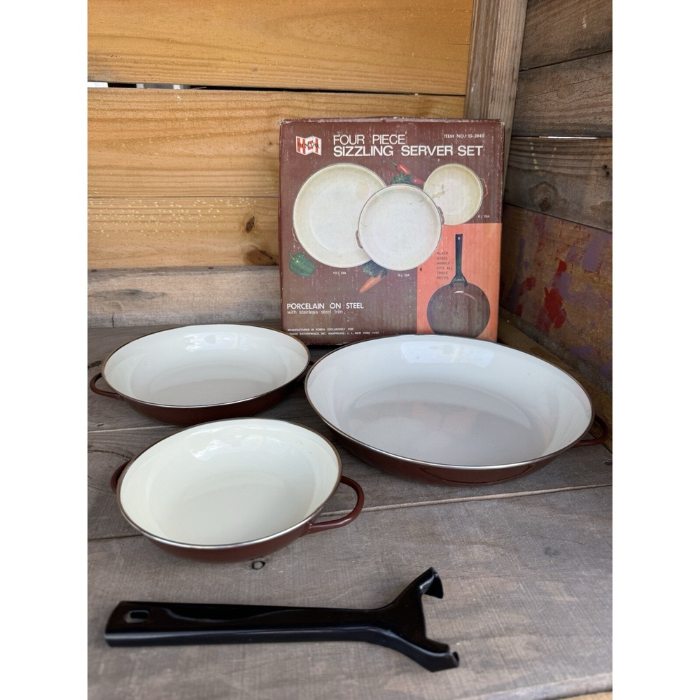 Vintage Rare  Hi Mark Four Piece Sizzling Server Set Porcelain On Steel‎